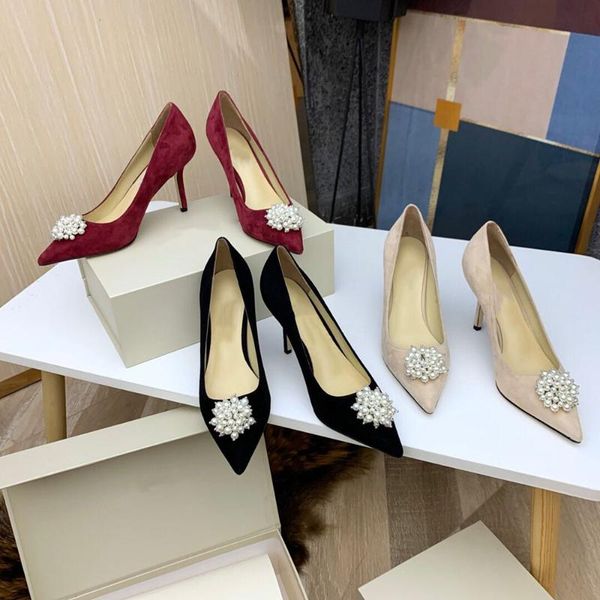 

dress shoes sweeheart 2021 leather women's high heels pointed toes pearl bling 6.5/8.5cm 33-42, Black