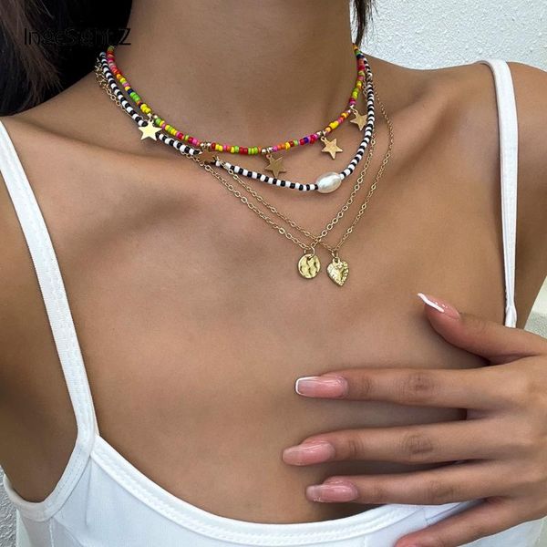 

chains ingesight.z 3pcs/set little star tassel pendant necklace women rainbow colorful seed beads chain pearl choker necklaces jewelry, Silver