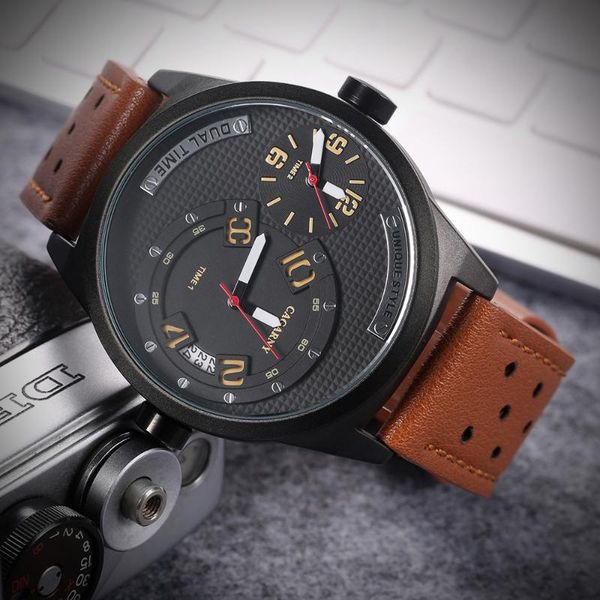 

wristwatches mens watches cagarny 6816 leather strap quartz dual time zone analog date men sports military oversize wristwatch, Slivery;brown
