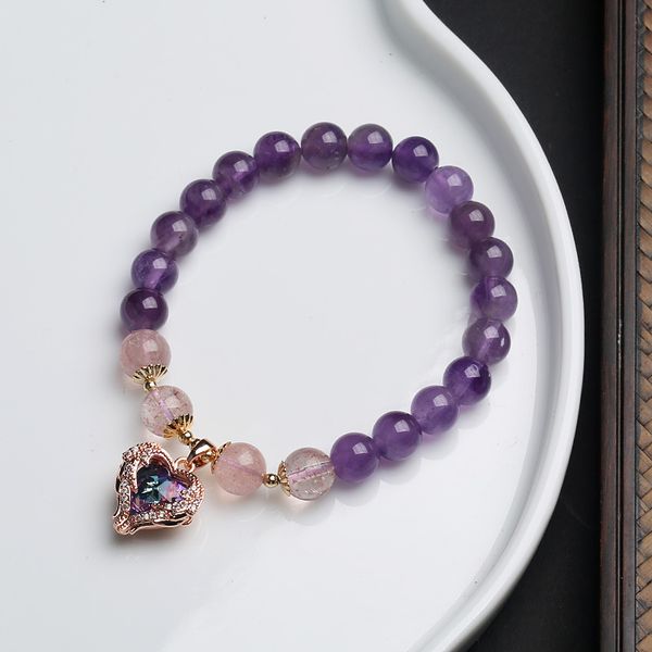 Edelstein-Perlenstränge, 8 mm, natürlicher Amethyst-Kristall, Ozean-Herz-Charm-Anhänger, Armbänder für Freundin