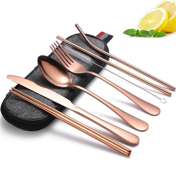 9 pcs Viagem inoxidável Camping Cutelaria Set Straight Bencer Palha Borra Com Caso Limpeza Escova Metal Reutilizável Livre 210928