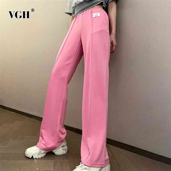 

white casual straight trousers for women elastic high waist full length solid wide leg pants female spring fashion 210531, Black;white