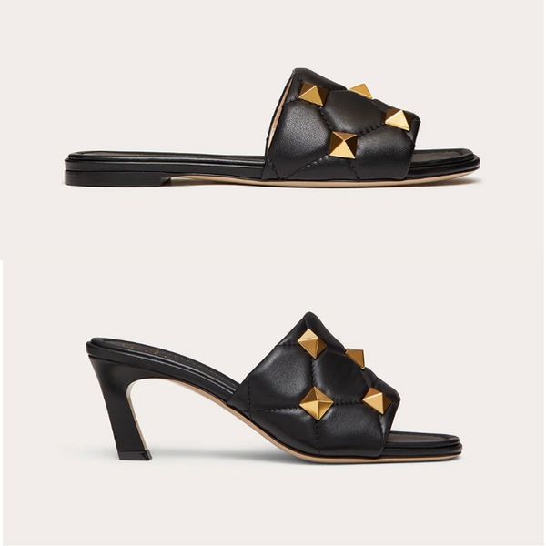 

2021 roman stud slide women sandal quilted rivet slides 65mm high heels flat slippers rhombus pattern leather ladies beach shoes 269, Black