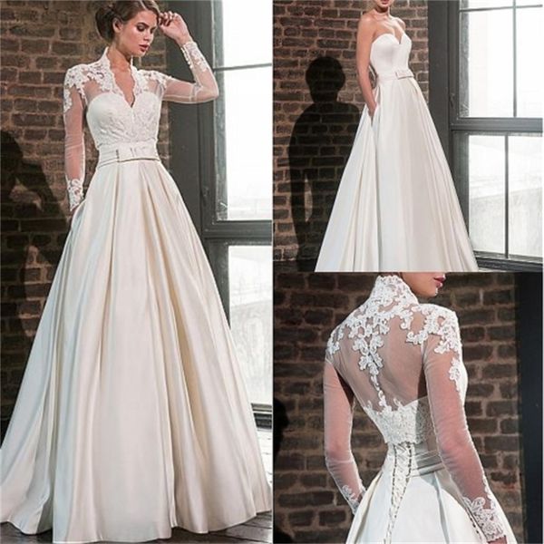 

2021 new vintage sweetheart satin wedding with jacket long sleeve floor length bridal gowns pockets robe de mariage customed xln2, White