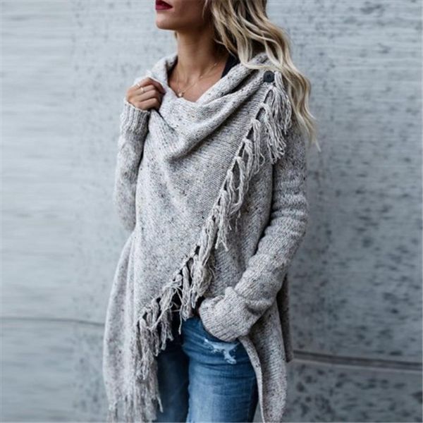 

european and american women sweater womens clothing autumn winter mid long slim fringed coat cardigan, White;black