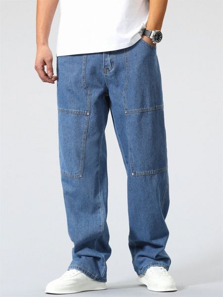 

men slant pocket wide leg jeans 463l#, Blue