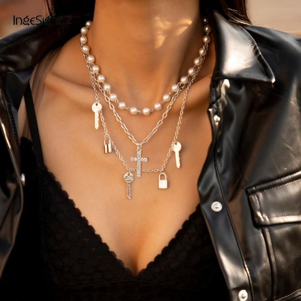 

ingesight.z multiple key lock rhinestone cross pendant necklace vintage layered imitation pearl choker necklaces female jewelry, Silver