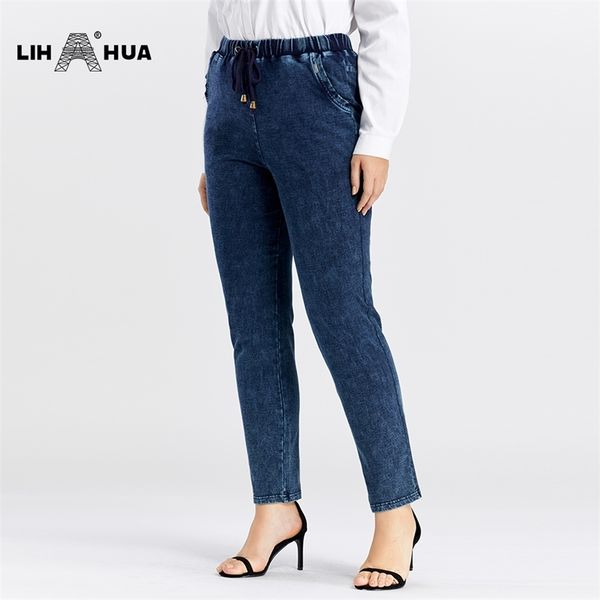 

lih hua women's plus size casual jeans high flexibility cotton knitted denim trousers softener 210708, Blue