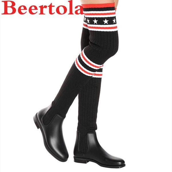 

boots black sock women round toe over-the-knee long star stripes designers band bottes femmes high female