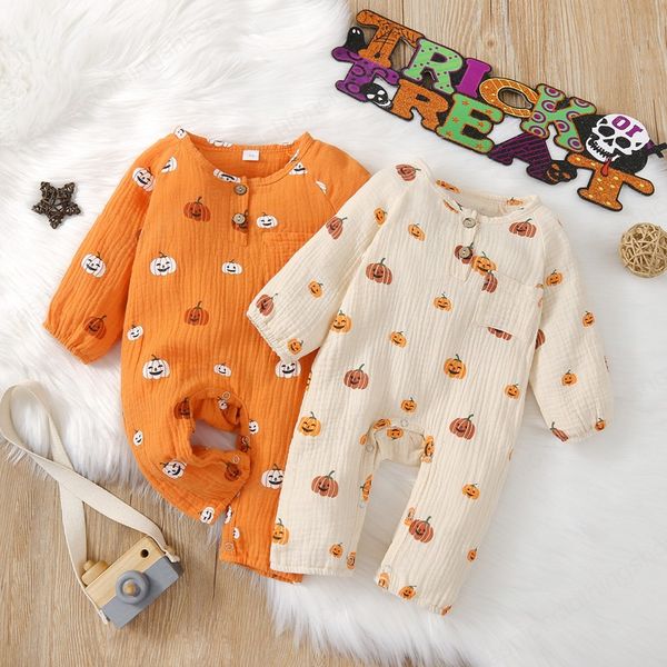 

0-24m infant baby boy girl halloween jumpsuit cotton linen pumpkin letter print long sleeve round neck romper, Blue