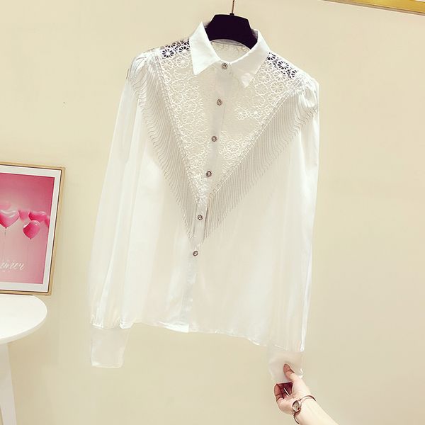 

2021 new metal spring gold chain shirt long sleeve, hollow-out of the elegant bow, lady white blouses. pj74