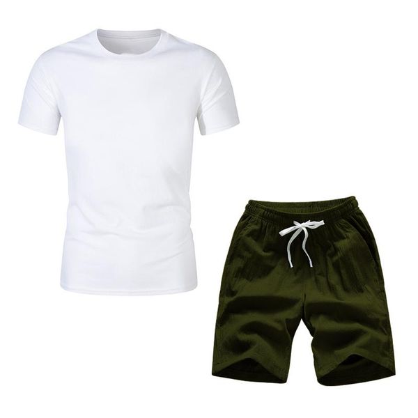 

casual sportswear summer men's suit fitness suit sports short-sleeved t-shirt + army green shorts, White;black
