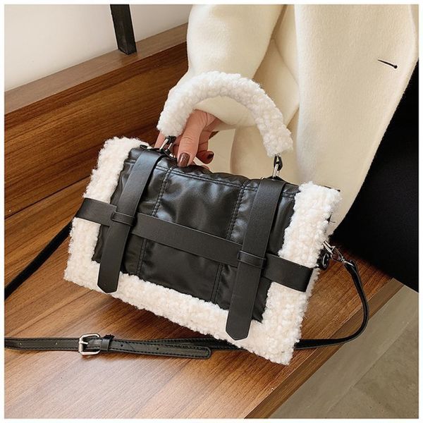 

winter soft plush handle tote bag design lady belt decoration shoulder sac trendy panelled messenger purses female party handbag c0228