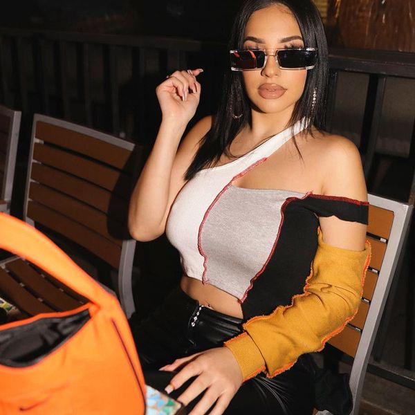 

one shoulder patchwork crop cut out long sleeve baddie clothes women t shirts spring slim skinny short tees, White