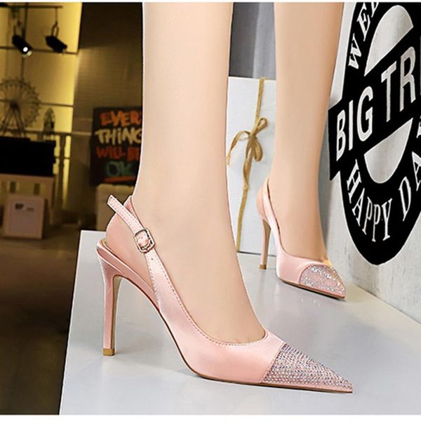 

sandals plus size 34-43 women pointed toe stiletto buckle high heels rhinestone crystal wedding osay shoes 2021, Black