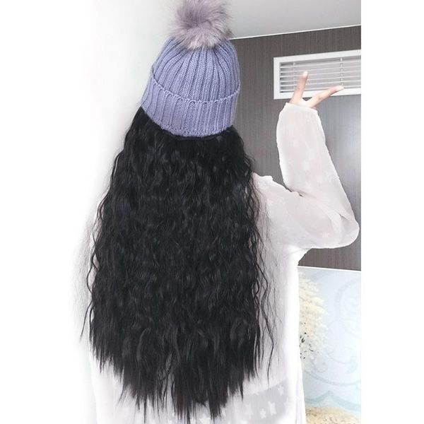 

synthetic wigs mumupi long wig hats with cotton cap hat for autumn winter warm head wear hair women girls, Black