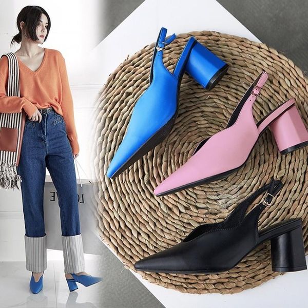 

dress shoes women slingbacks high heels natural genuine leather block real square toe pumps pink big size 33- 43, Black