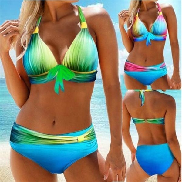 

aprilgrass brand swimwear women gradient blue swimsuit plus size 2xl tankini lower waist bottom 2pcs bikini set cutout back beachwear