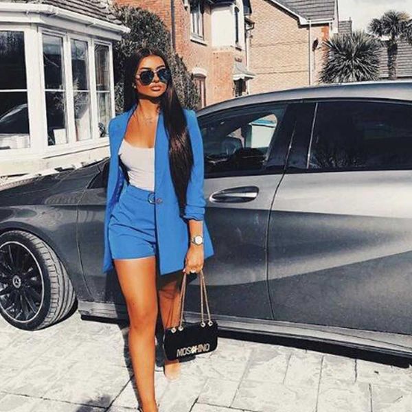 

women's tracksuits summer work ol two piece set blazer jacket and shorts 2 women belt 3/4 sleeve femal outfits, Gray