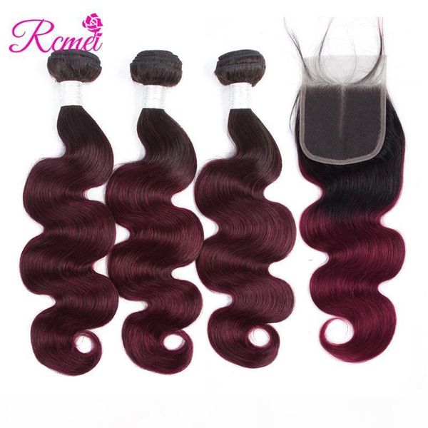 

rcmei hair ombre brazilian body wave 3 bundles with closure ombre human hair bundles with middle prat lace closure 1b 99j, Black;brown