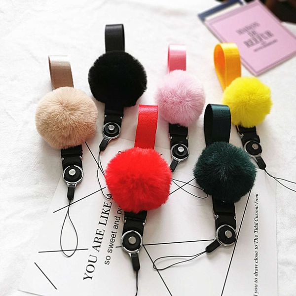 

mobile phone wool ball long ribbon 2 in 1 solid color short diy lanyard
