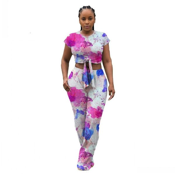 

you will see two pieces short sleeve the neck women harvest and casual high-waisted trousers graffiti print 2 piece of matching kvsf, Gray