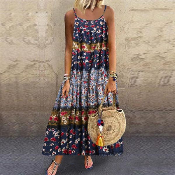 

beach dress women plus size casual loose sleeveless boho retro linen print long maxi dress #3l03, White;black