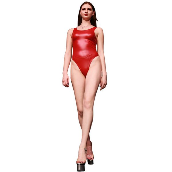 

high cut swimsuit sleveless bodysuit pvc shiny one piece thong swimwear body suit latex matt catsuit club dance wear, Black;red