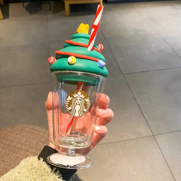

starbucks mugs christmas tree double-layer glass straw cup gift product 255ml