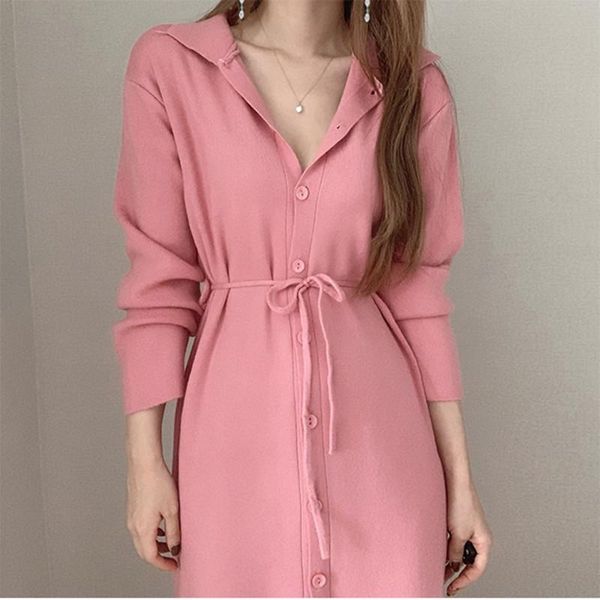 

casual dresses autumn dress women knitted long sleeve solid button up high waist clothes v-neck drawstring vestidos, Black;gray