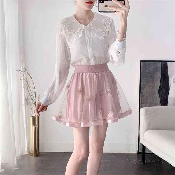 

summer simple white mesh fairy skirt elastic high waist thin lace puff all-match women pleated 210527, Black
