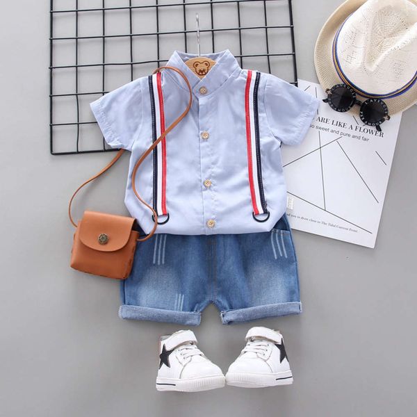 

wear boys' solid color stand collar shirt strap short sleeve summer new children's jeans shorts fashion, Blue