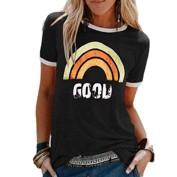 

factorynnvhselling women's good rainbow pattern 2020 printed round neck short sleeve t-shirt, Black;brown