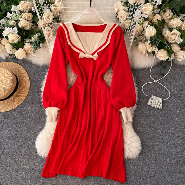 

korean college style knitted dress women sweet bow v neck lantern sleeve a-line dress autumn chic pleated sweater dress, White;black