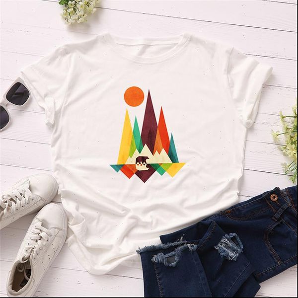 

new mountain print t shirt women o neck short sleeve casual print ulzzang clothes summer tshirt sun shirts women shirts, White