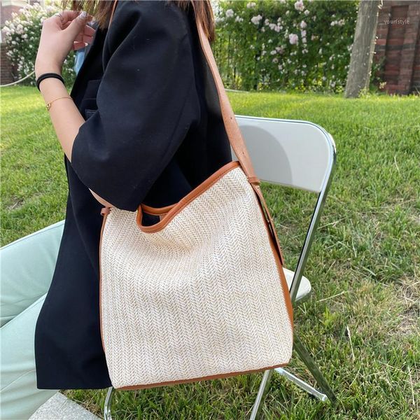 

evening bags solid color straw and pu summer women messenger crossbody ladies big beach shoulder bag 2021 xn5069