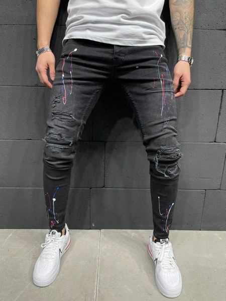 

men's jeans premium denim painting splash slim fit, Blue