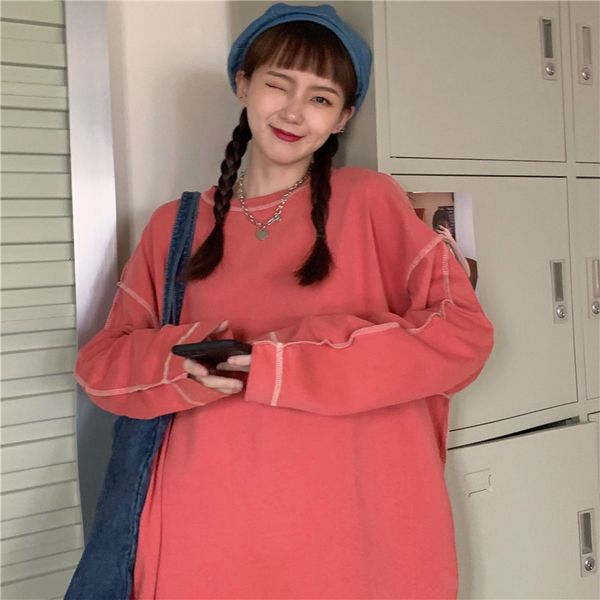 

2021 new personalized street style wear early autumn solid color long-sleeved women loose reverse mid-length t-shirt 27s5, White