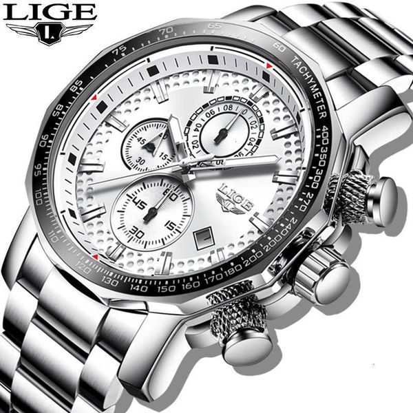 

2021 lige silver big dial watch men sport quartz clock fashion mens watches brand luxury man military waterproof chronograph cx200804, Slivery;brown