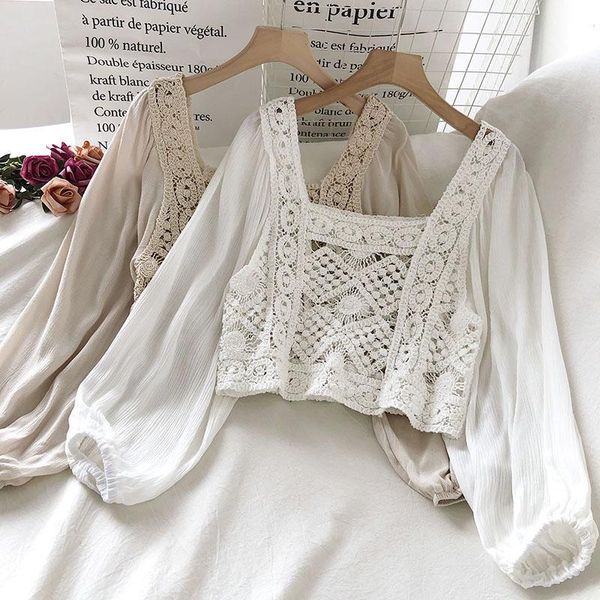 

women's blouses & shirts women cropped blouse spring autumn elegant embroidery korean fashion sweet square collar puff sleeve solid sh, White
