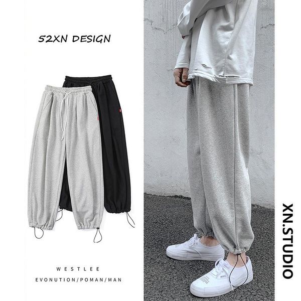 

men's pants spring, summer and autumn style trousers slim drawstring nine-point guard sports leisure, Black