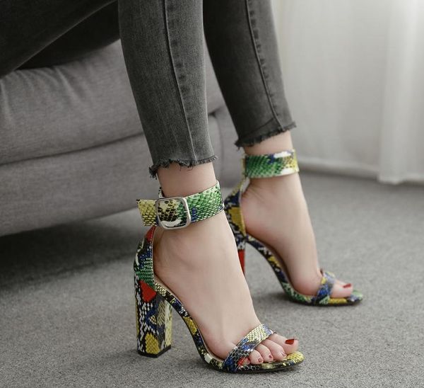

high heel sandal for women snakeskin large size female shoe buckle strap high-heeled fashion big multicolored girls comfort bloc, Black