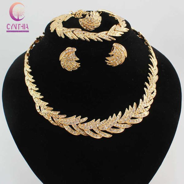 Хорошее качество Роскошное Листья Золотое Кристалл Ожерелье Серьги Кольцо Браслет Ювелирные Изделия Африканская Мода Женщины Набор Golden H1022