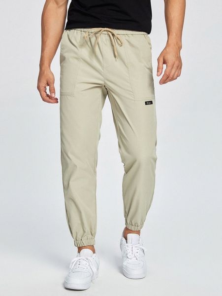 

men letter patched slant pocket drawstring waist tapered pants x9pl#, Black