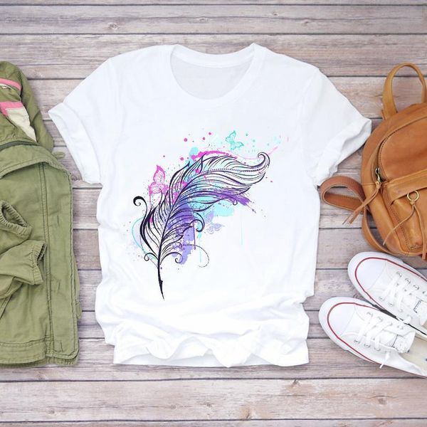

women feather watercolor short sleeve camisas mujer clothes lady t-shirts womens t shirt ladies graphic female tee t-shirt, White