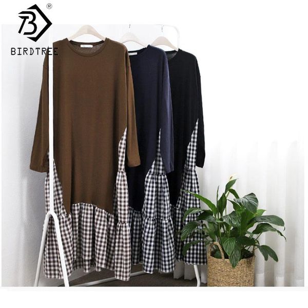 

autumn women plus size xl-5xl ladies long sleeve t-shirt dress plaid patchwork robe fake two piece knit dress d0n310n, Black;gray