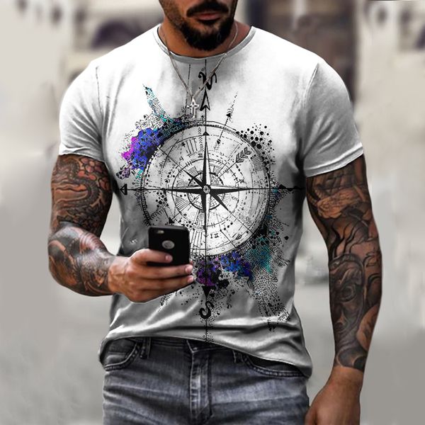 

men's summer 3d printed compass t-shirt hip-hop style large size t-shirt cross style short sleeve clothing, White;black