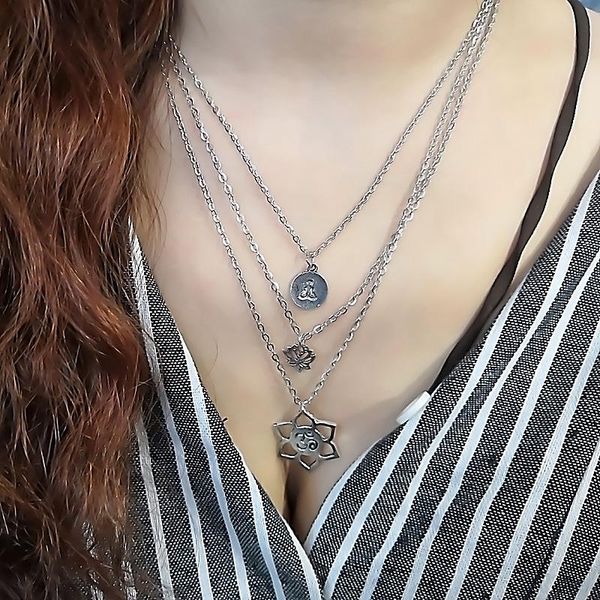 

pendant necklaces fashion bohemian lotus flower multi layer for women girl sliver color yoga energy necklace charm jewelry gift, Silver