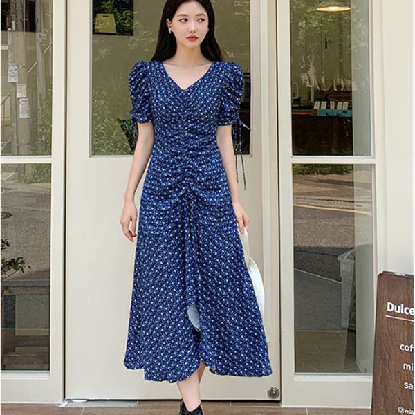 

dress autumn french romantic floral korean temperament sweet bubble sleeve gathered waist ruffle skirt, White;black