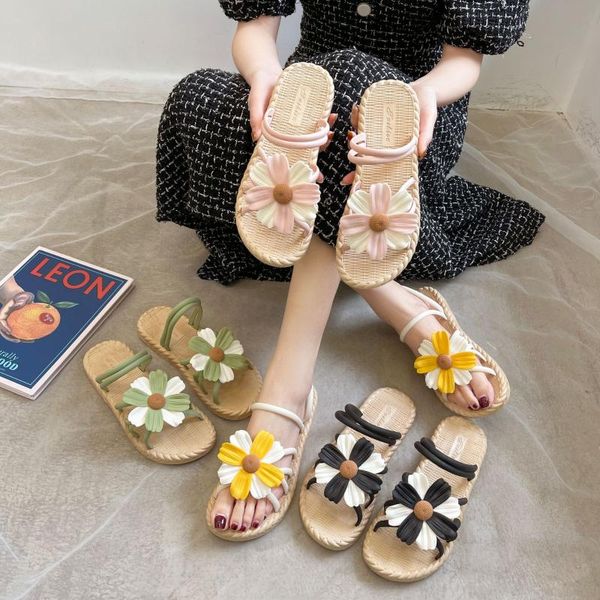 

slippers summer female sandals korean version flat bottom roman flip flops women casual slides comfortable house flower shoe, Black
